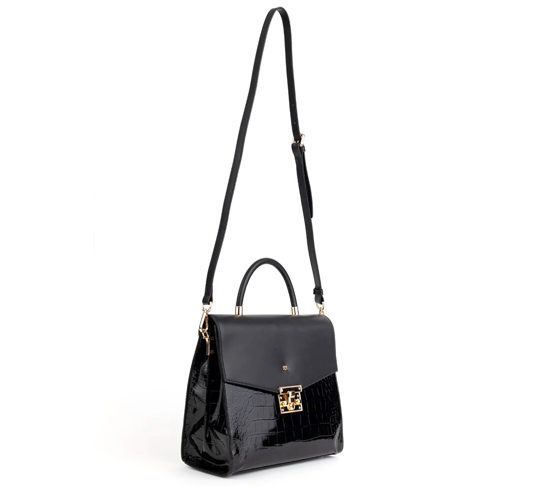 Black Vegan Leather Croc Satchel