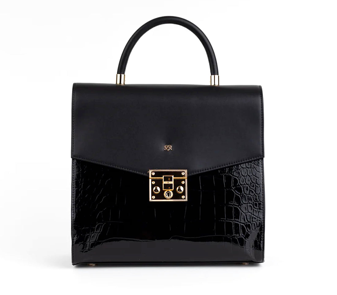 Black Vegan Leather Croc Satchel